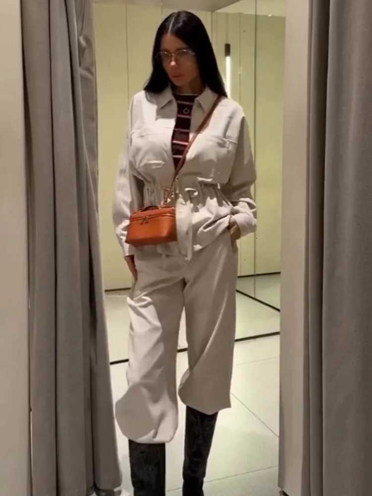 HH Women Long Sleeves Belt Lapel Zipper Pocket CoatHigh Waist Elastic Waist Drawstring Wide Leg Pants Autumn Chic 2Piece SetT251022