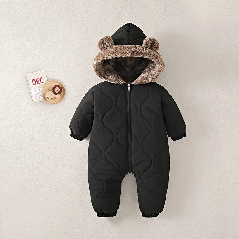OLEKID Autumn Winter Baby Boy Romper Fleece Plus Velvet Hooded Baby Boy Jumsuit 02 Years Toddler Boy Overalls Infant Snowsuit 251023