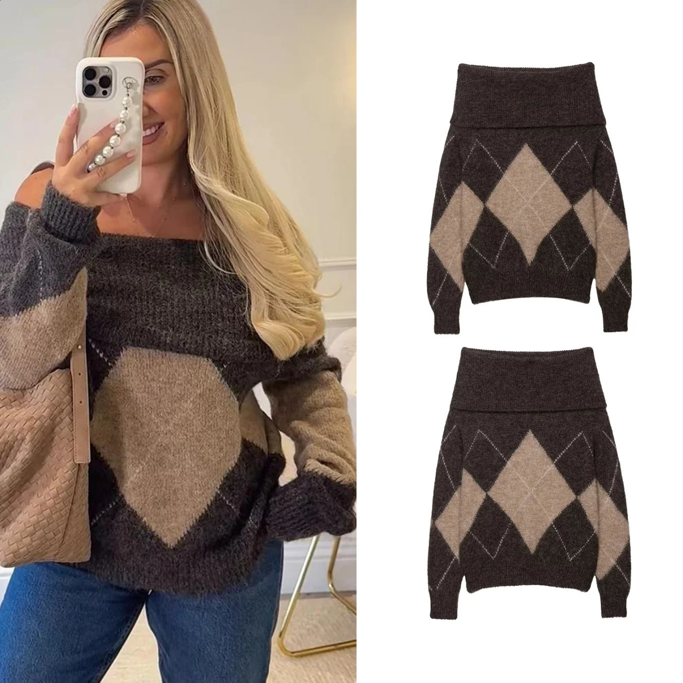 Autumn Womens Knitted Sweater Off Shoulder Fashion Argyle Womens Sweaters Temperament Slash Neck Knitted Pullovers Clothing 251023