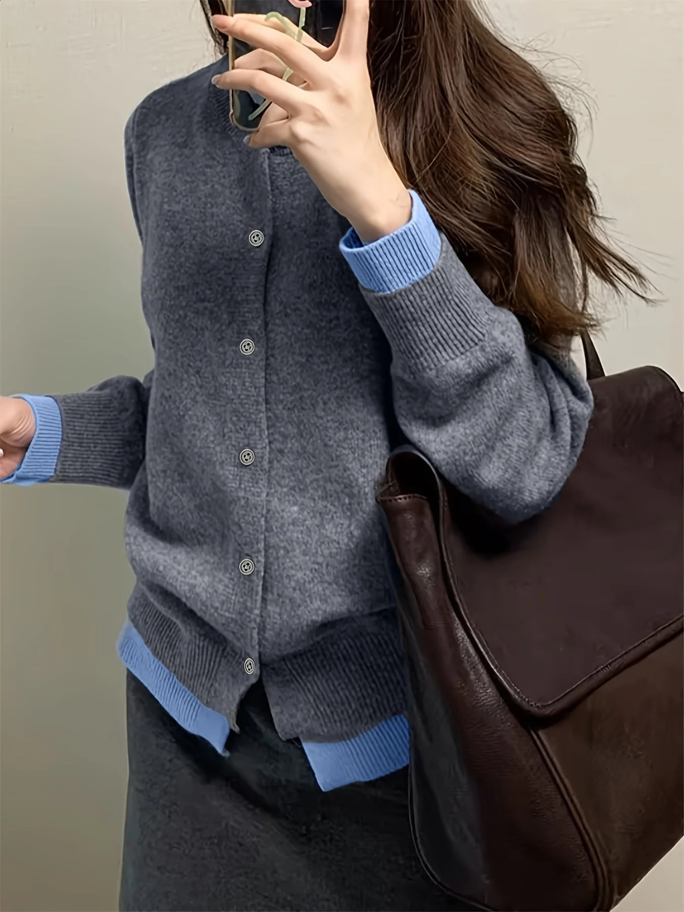 Autumn and Winter Fashion Woman Sweater Gray Soft Knitted Top Casual Versatile Buttonup Cardigan Jacket 251022
