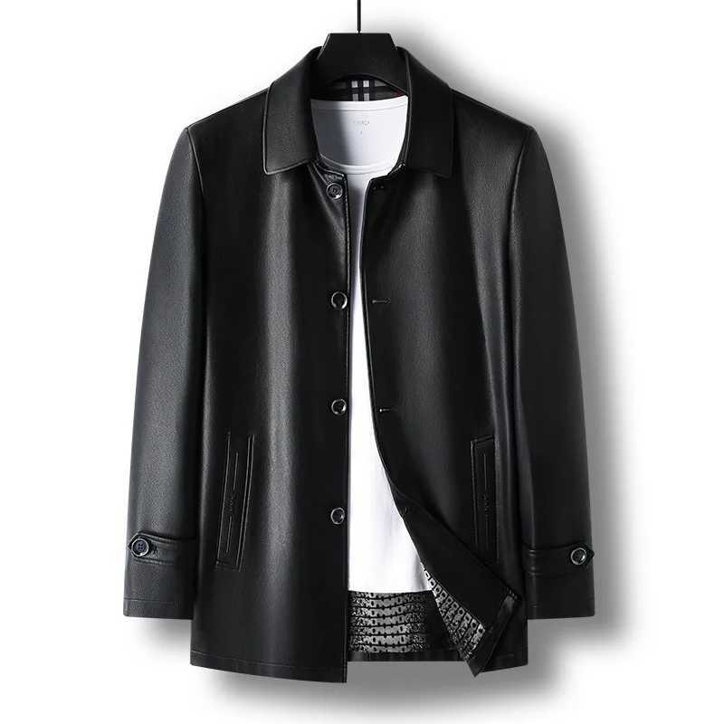 High Quality Mens Leather Jacket with Warm Fleece for Winter Turndown Collar Business Single breasted Leather Coat PU025 W251023