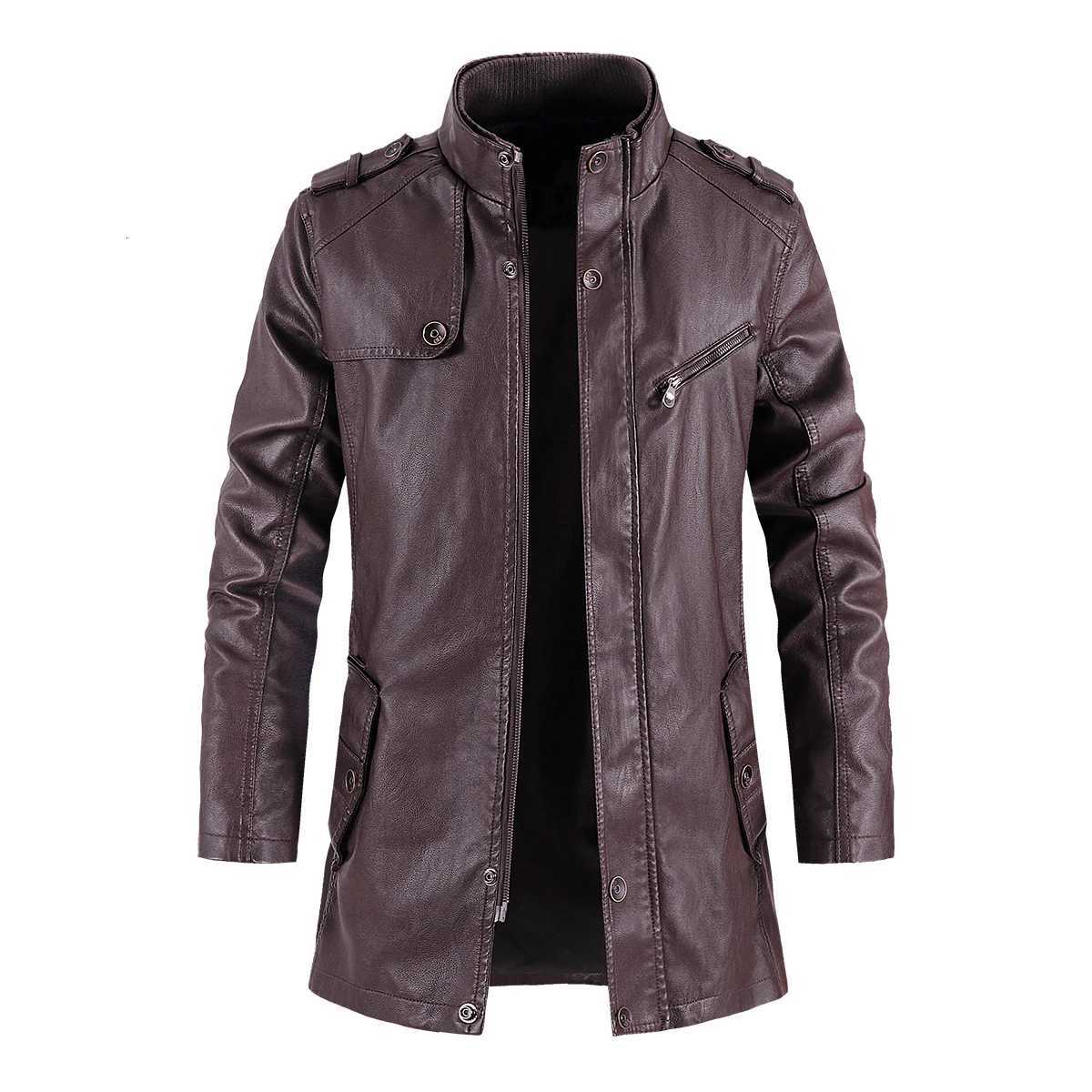 New Winter Long PU Leather Jackets Men Stand Collar Windbreaker Faux Outerwear Motorcycle Casual Warm Leather Coats Man Clothing W251023