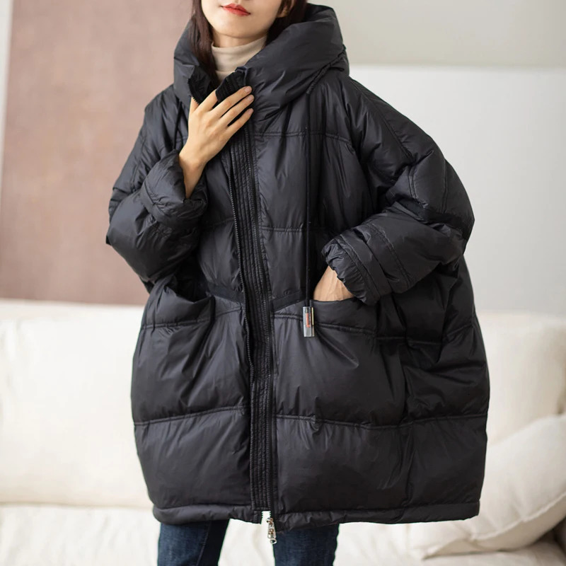 Lagabogy Winter Women 90 White Duck Down Jacket Casual Loose Over Size Warm Parka Female Drawstring Hooded Puffer Coat 251020
