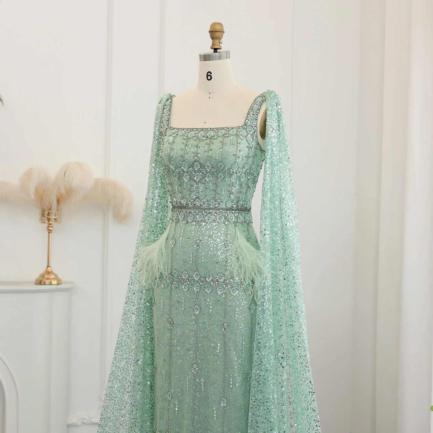 Sharon Said Feathers Dubai Bling Gray Mermaid Dresses Lilac Sage Cape Arabic Women Wedding Party Gown SS279 Customized 251020