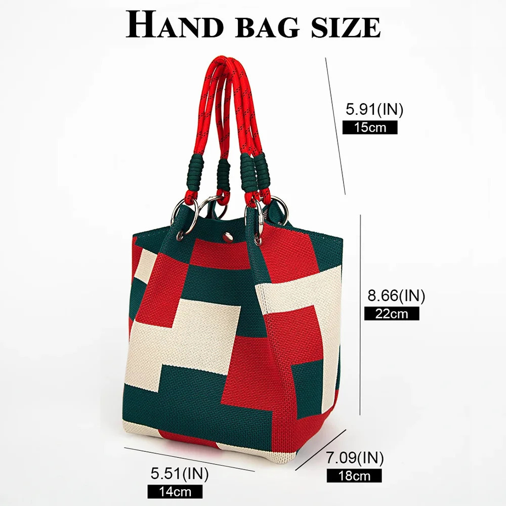 Ins Color Block Knit Tote Bag Bucket Storage with Adjustable Straps Metal Rings Snap Clre for Casual Travel 251018