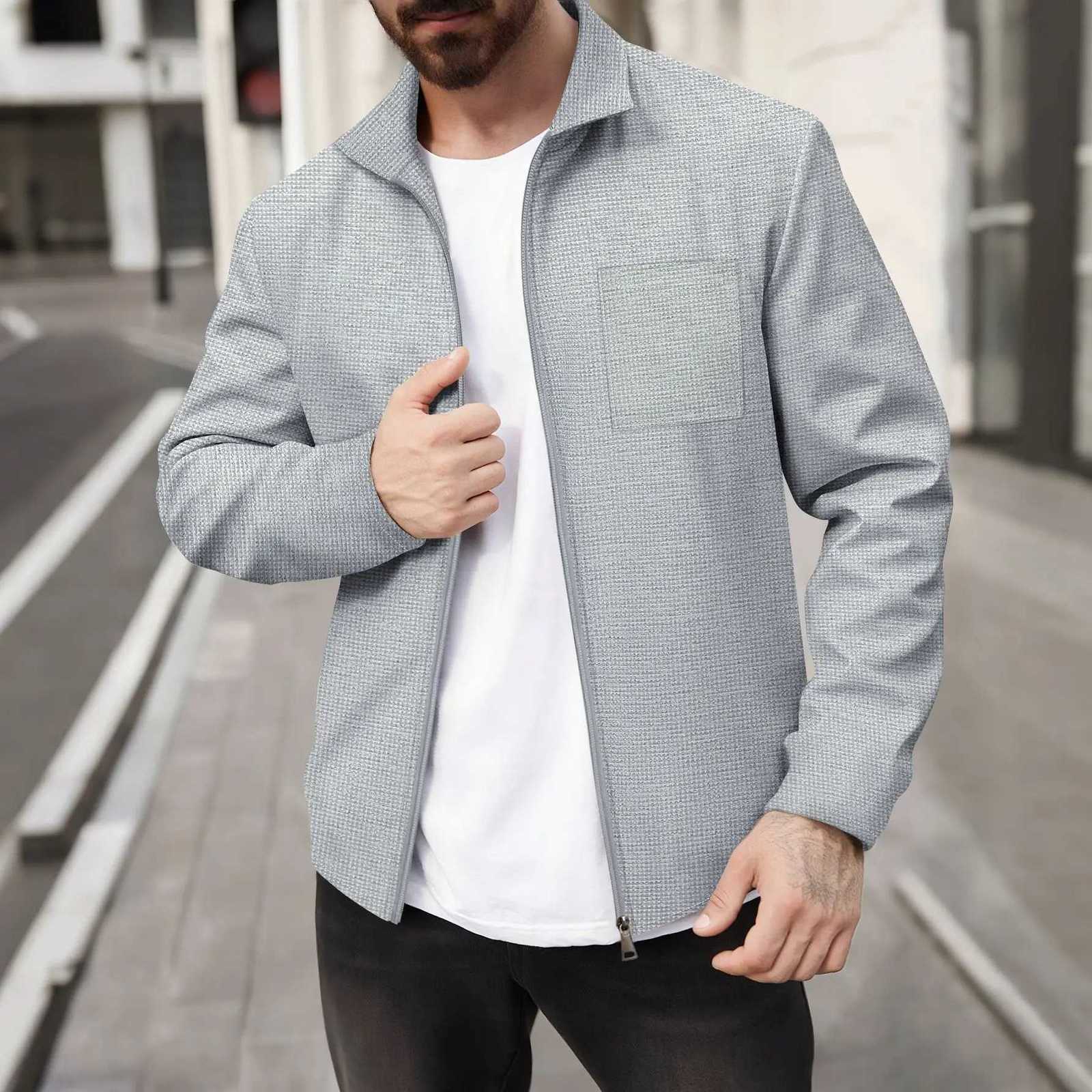 Mens FourSeason Casual Business Waffle Check Coat Lapel Zipper Chest Pocket Fashionable Top W251023