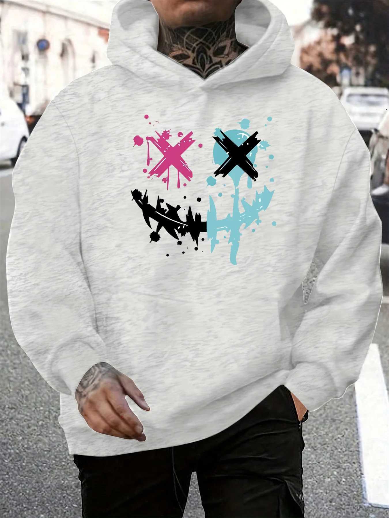 Mens autumn and winter casual fashionable loose hoodie with smiling face pattern printed long sleeved warm pullover sweaterT251023