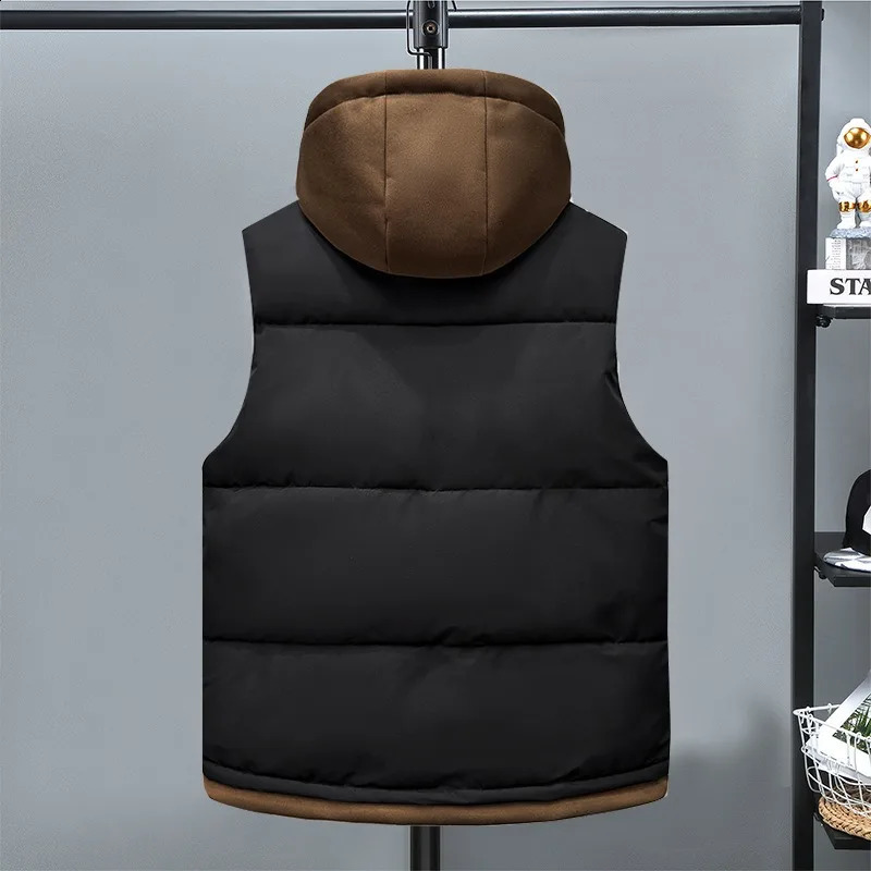 Mens Cotton Padded Vest with Detachable Hood Winter Warm Sleeveless Jacket Fashion Casual Zip Up Bodywarmer Waistcoat 251023