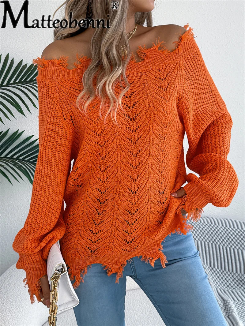 Autumn Winter Fashion off Shoulder Knitted Sweater Women Europe Casual Solid Hollow Pullovers Lady Sexy Long Sleeve Jumpers 251023