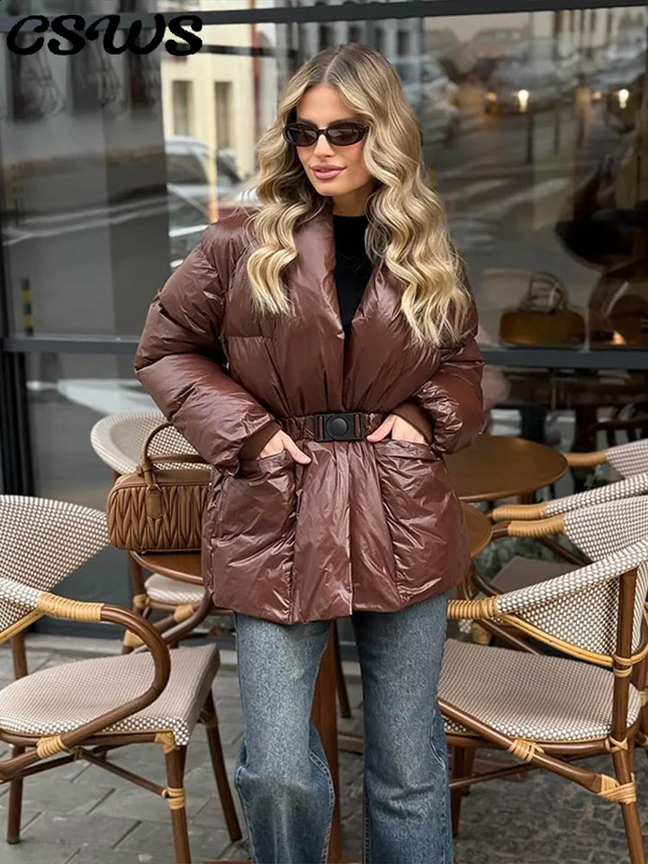 Elegant Belt Cotton Coat Women Solid Vneck Long Sleeve Pocket Thicken Jacket Female Winter Warm Chic Lace Up Lady Outwears 251021
