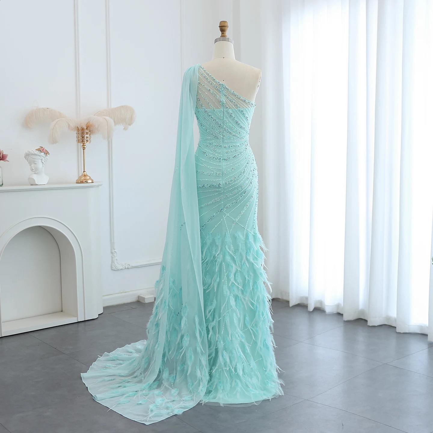 Sharon Said Feather Turquoise Aqua One Shoulder Evening Dresses with Cape Train Prom Wedding Party Gowns SS498 Customized 251020