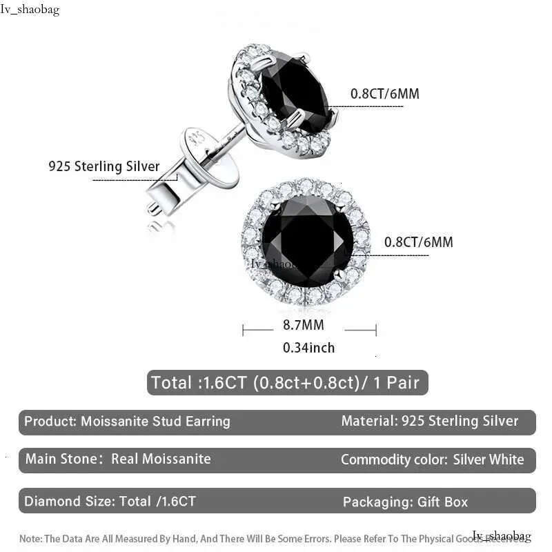 Trendy 0.8-1ct Black Moissanite Stud Earring for Men Women S Sterg Sier Fashion Hip Hop Dia Earrings Jewelry Gifts