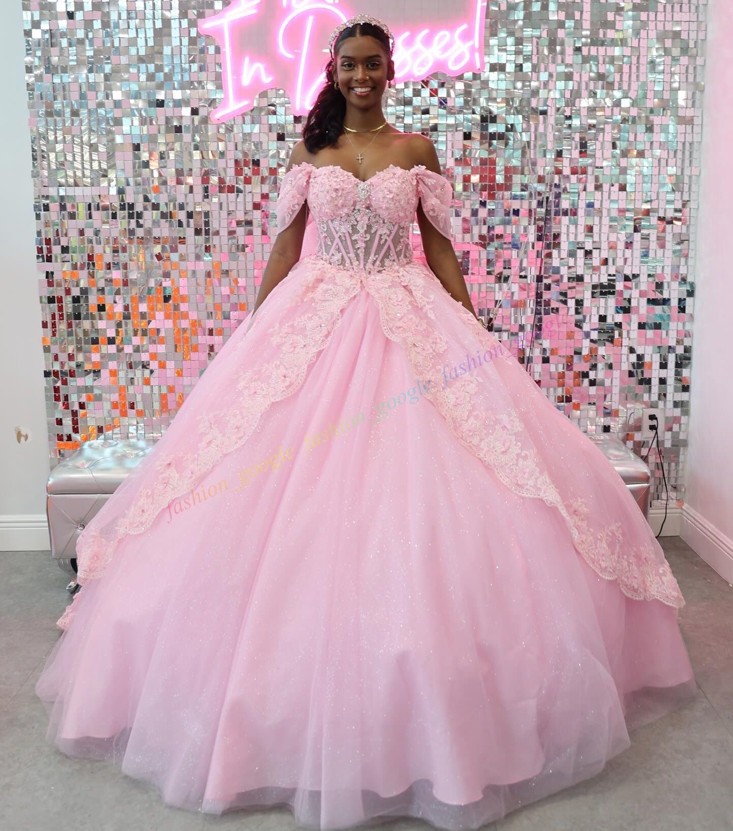 Glitter Pink Quinceanera Dress Sheer Corset Mexican Quince Sweet 15/16 Birthday Party Ball Gown Girl Drama Gala Off-Shoulder Pannier-Inspired Gathered