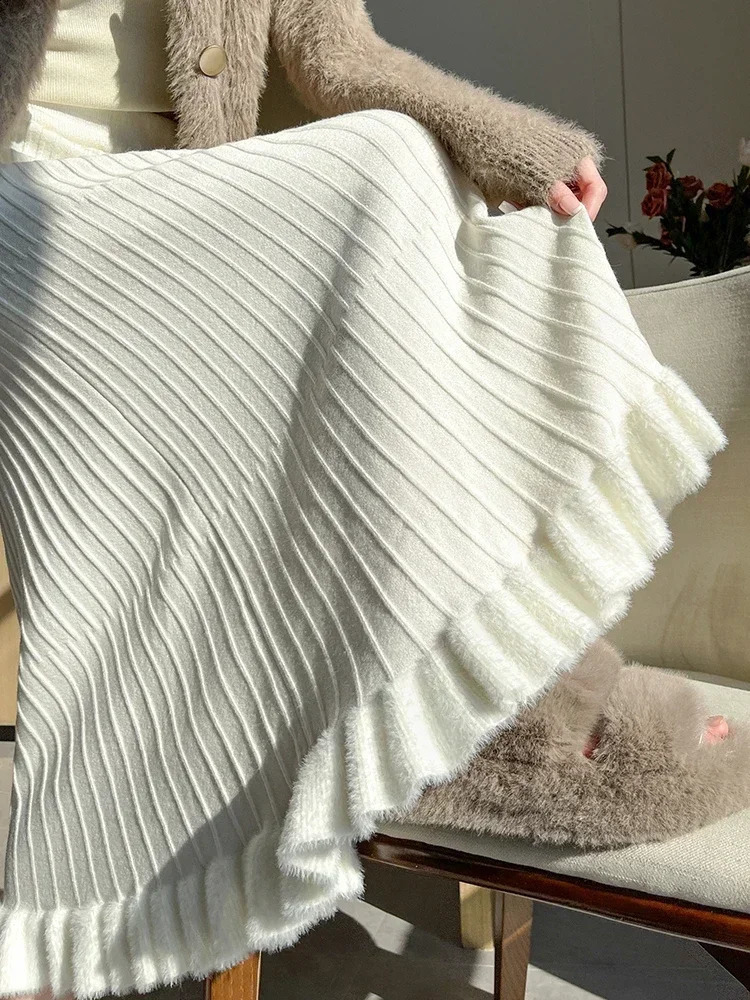 Womens Pink HighWaisted Knitted Skirt Solid Color ALine MidLength Pleated Fashion Autumn Winter 251022