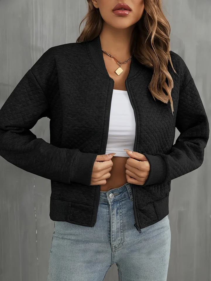 Womens Black Quilted Cropped Bomber Jacket Fall Winter Arrival Casual Daily Outerwear 251018
