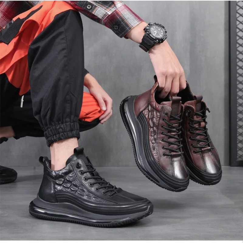 Mens winter thick bottom casual shoes light luxury fashion Air Cushion Cowhide Crocodile Print Sneakers Height Lifting NonSlip Z251022