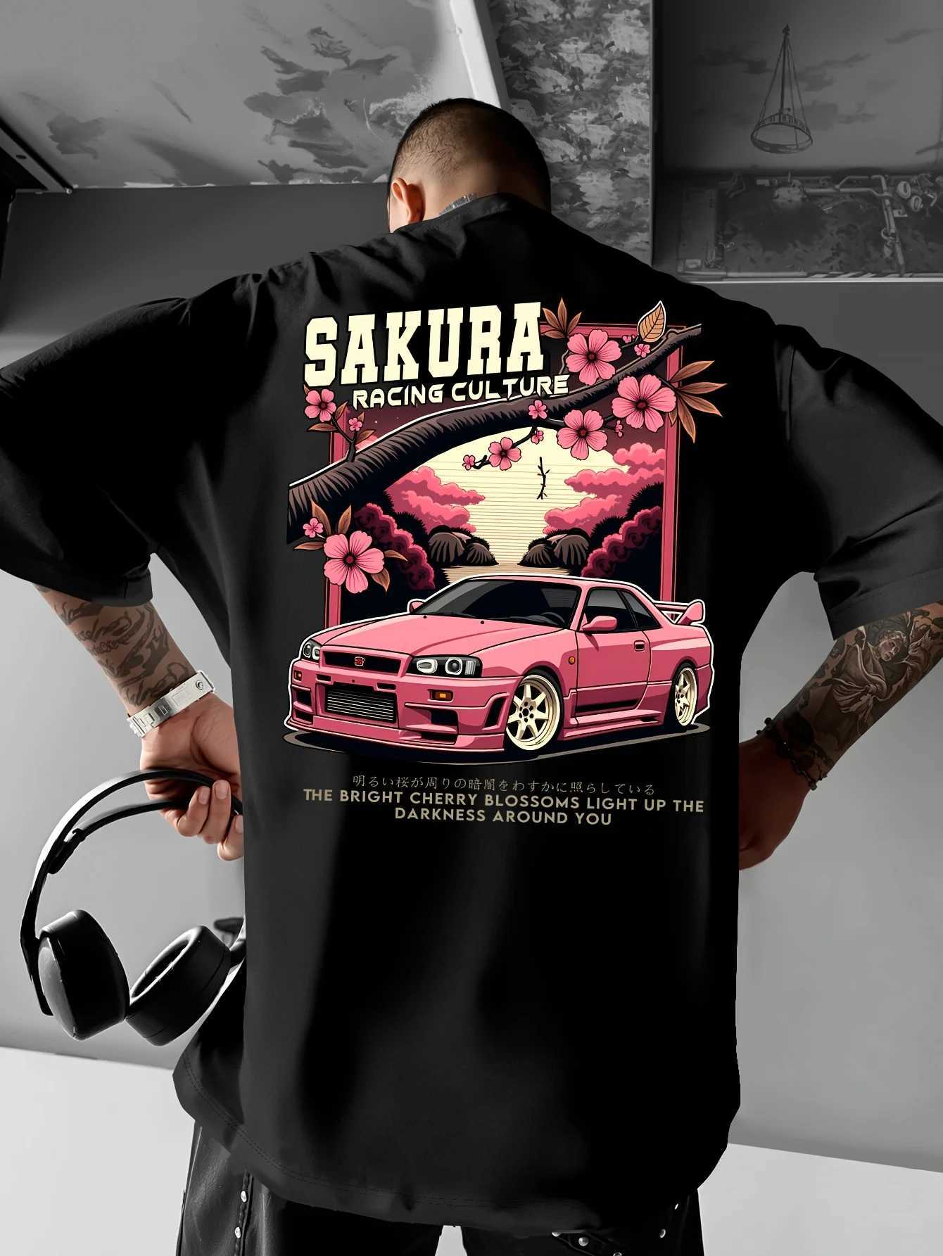 Mens Japanese Racing Graphic TShirt Sakura Motorsport Tee Cherry Blossoms Loose Fit Back Print Shirt Drift Events StreetwearXJ251023