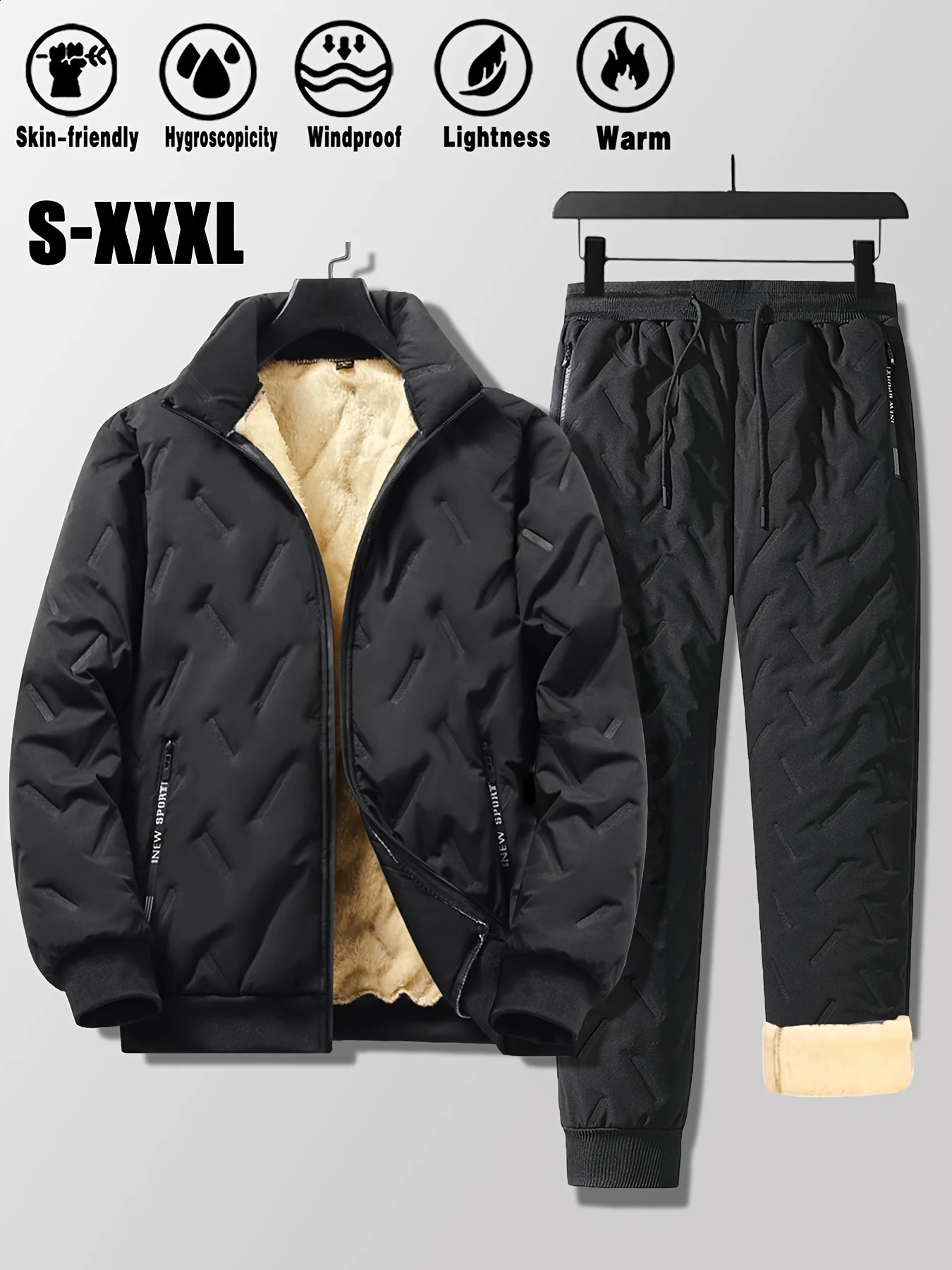 Mens Lamb Fleece Cotton Jacket and Pants 2piece Set Autumn Winter Thick Warm Sports Suit Casual Solid Color Coat 251023