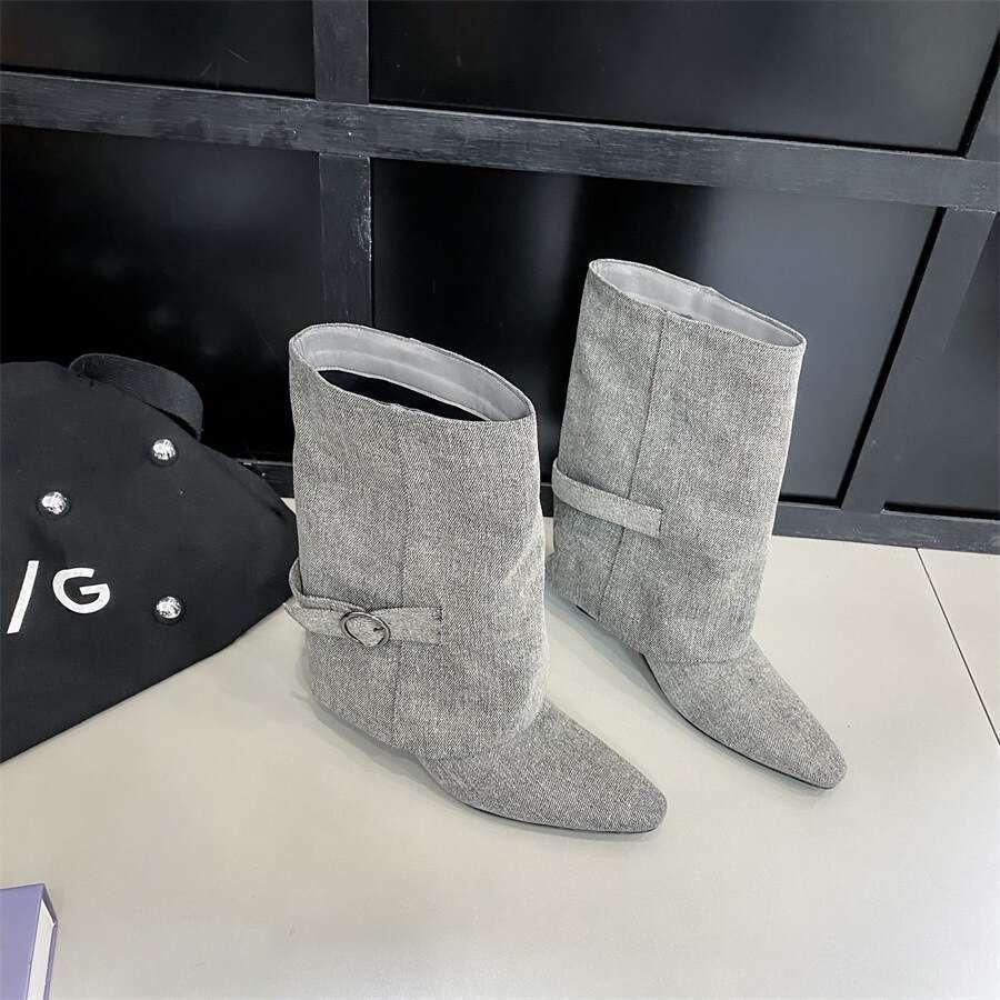 2025 Autumn New Style Ankle Square Toe Sexy Designer Shoe Women Belt Buckle Wedge Fashion Elegant Short Boots
