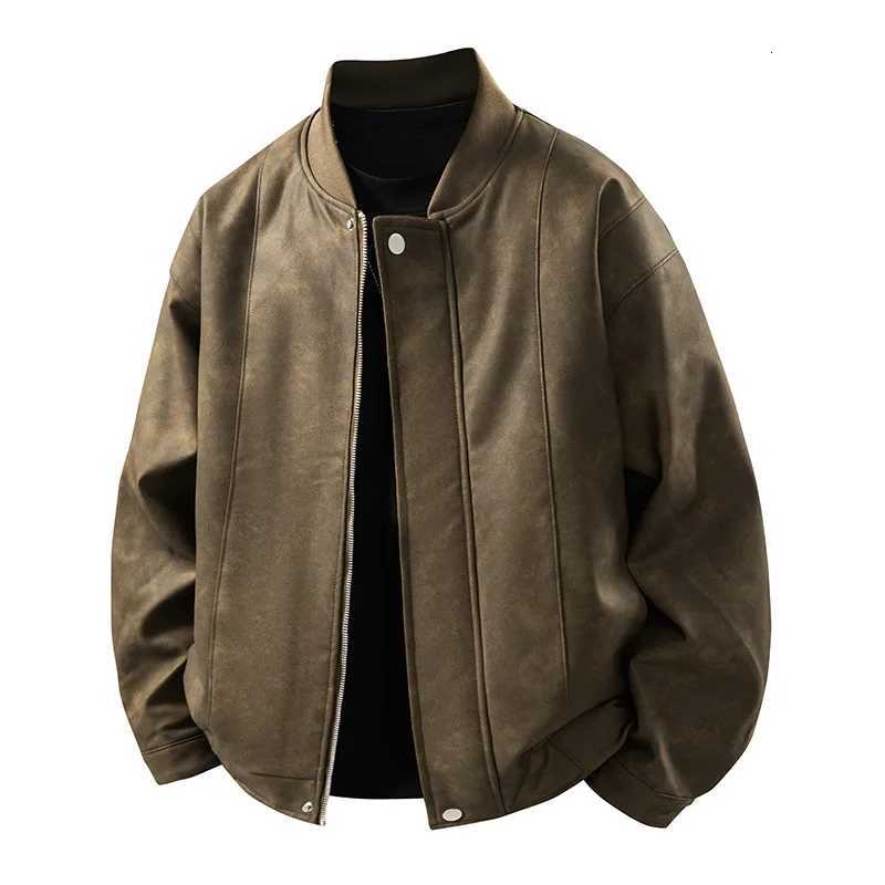 2025 Casual highquality leather jacket for men in autumn loose fit PU leather retro collar motorcycle style casual and stylish W251023