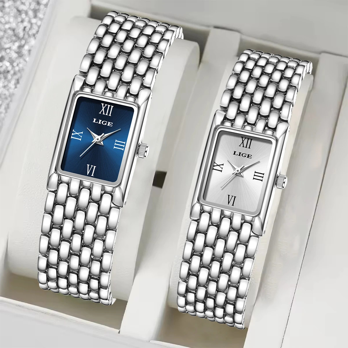 LIGE n Ladies Watch Fashion Quartz Wristwatch Silver Simple Square Women Watches Stainless Steel Folding Clock 251021