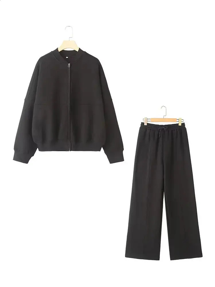 HH Womens Fall 2Piece Retro Solid Color Zip Bomber Jacket SweatshirtHigh Waist Lace Up Wide Leg Pants Street Wear 251022