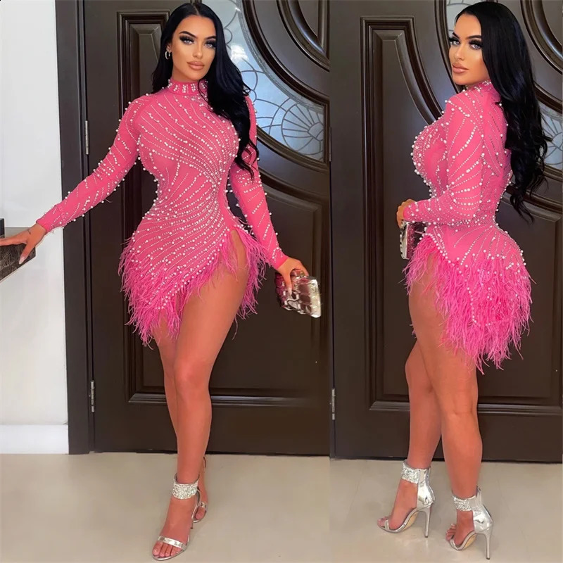 Sexy Pearls Rhinestone Party Dresses Women Elegance Nightclub Feather Birthday Dress Long Sleeve Mesh Sheer Bodycon Mini Dress 251020