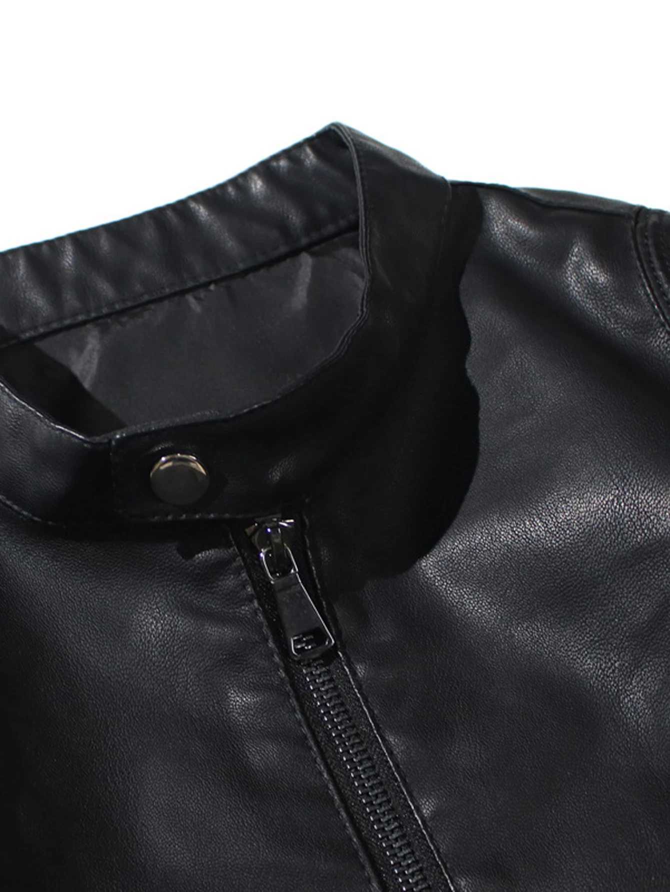 Retro Style PU Biker Jacket Mens Casual Solid Color Zip Up Stand Collar Faux Leather Jacket For Spring Fall W251023