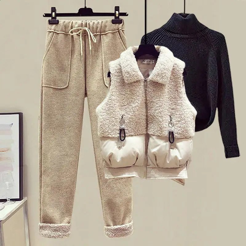 Autumn and Winter Womens Suit Lamb Wool Vest Thickened Cashmere Sweater High Waist Casual Woolen Trousers Three Piece Set 251022