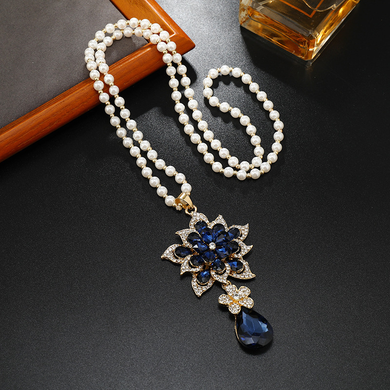Gold necklace Black Camellia Pearl Necklace Long Crystal Flower Pendant Women's Minimalist Sweater Necklace gift necklace for men