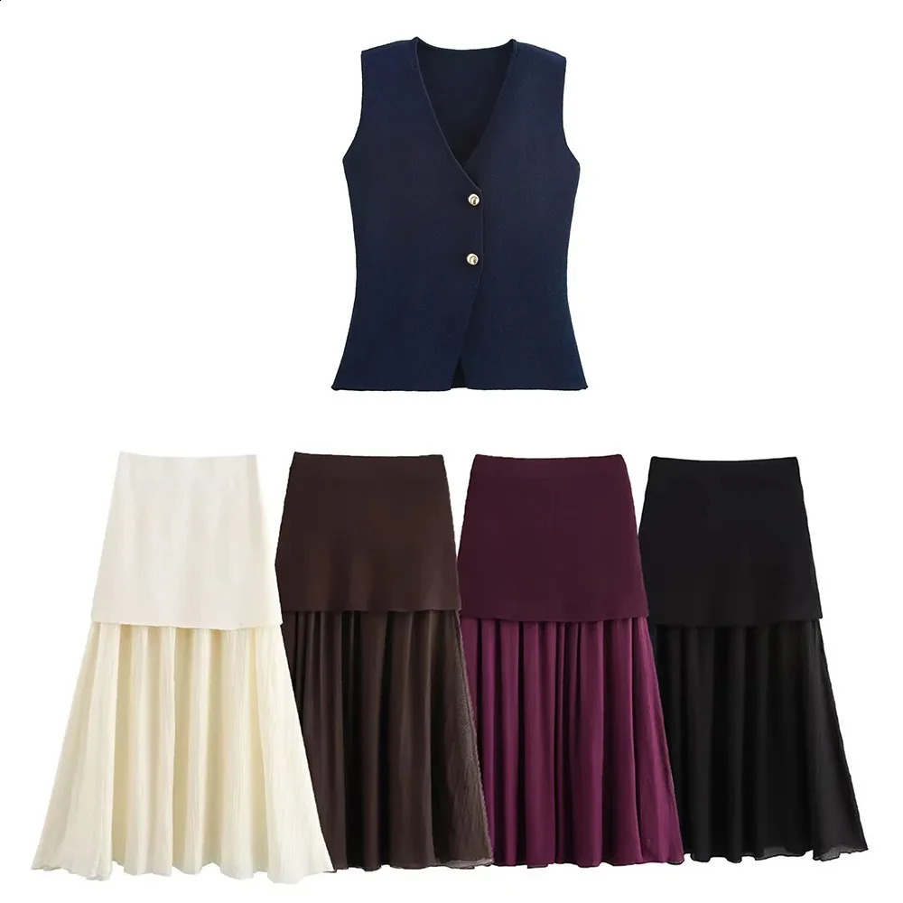 Womens Funky Suit Gold Button Knit Vest Crinkle Embellished Long Skirt Street Style Elegant Womenswear 251016