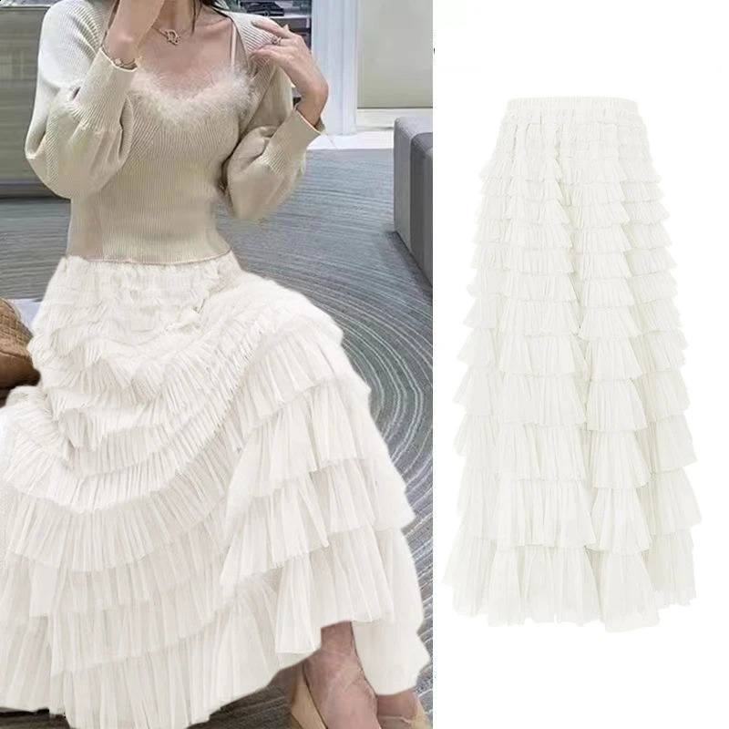 Summer Spring Womens Multilayer Ruffles Tulle Skirt Pleated High Waist Fluffy Maxi Fairy Cake Dress Long Tutu Party 251022