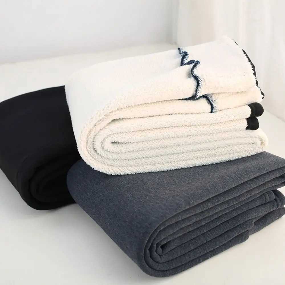 Flexible Thermal Fleece Lined Leggings Fluffy with Leather Patch Cashmere Lambskin High Waisted Thicken Leggings Women GirlT251023