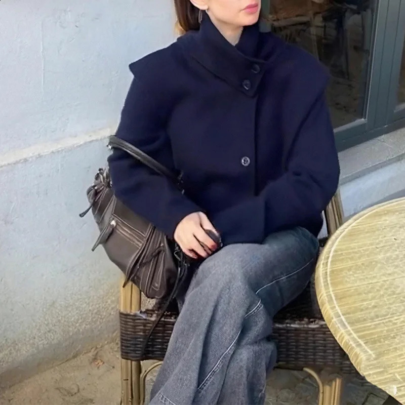 Fall and Winter Womens Jacket Elegant Stand Collar Single Breasted Buttoned Loose Coat Woolen Solid Women Outwears 251013