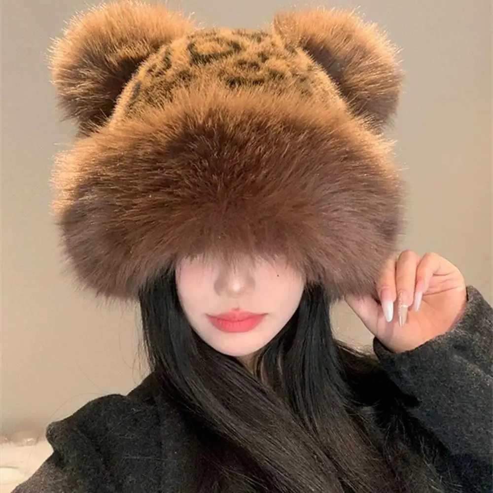 Retro Leopard Print Plush Cat Ears Beanie Women Thicken Warm Fur Hat Windproof Fluffy Fur Bucket Hat Cold Snowy Day Panama CapXJ251023