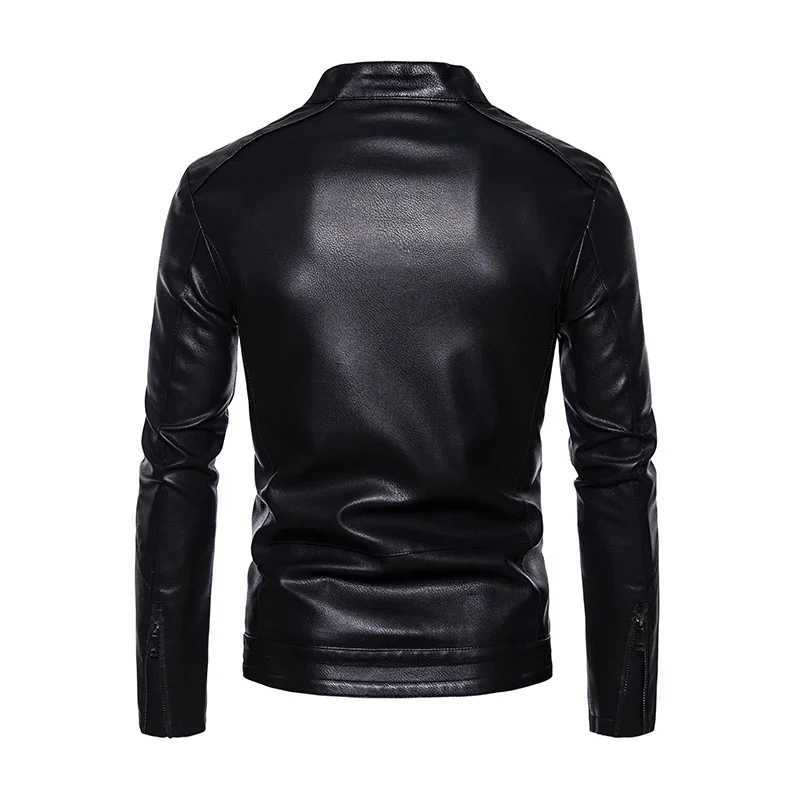 2025 PU Casual Leather Jacket Men Fleece Motorcycle Biker Slim Fit Outerwear Men Solid Stand Collar Leather Jackets W251023