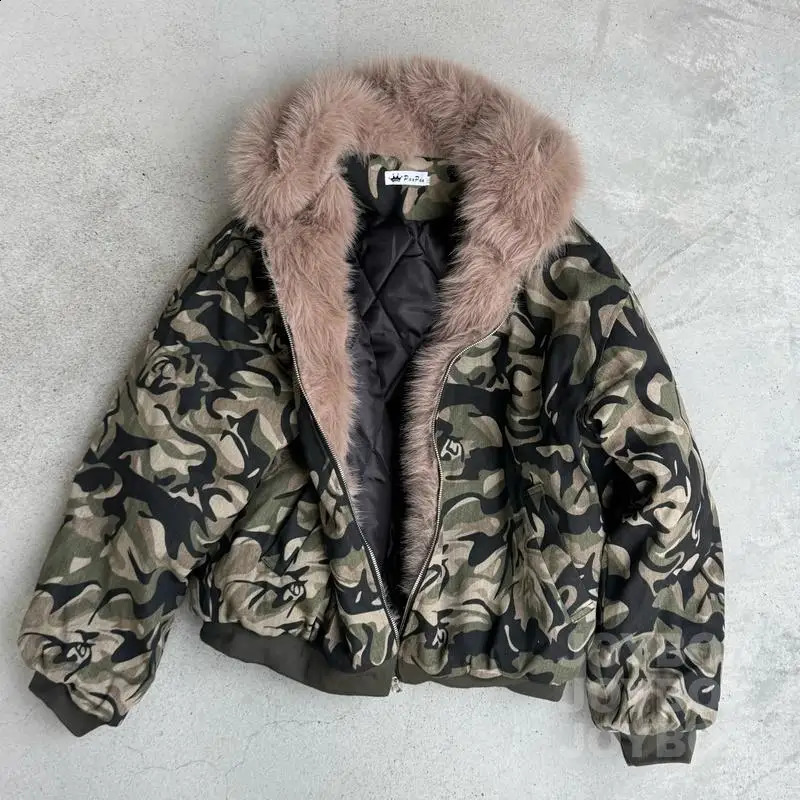 Autumn Winter Retro Y2K Army Green Rose Camouflage Plus Velvet Hoodie Women Floral Zipper Jacket Faux Fur Trim Street 251022