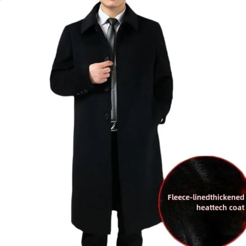 2025 Mens Wool Blend Winter Trench Coat Thickened Plush Warm Overcoat Windproof Cold Weather Long Jacket 251015