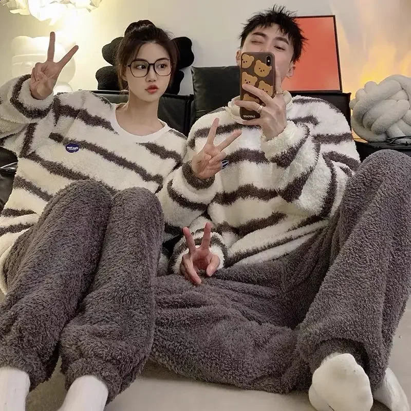 Couple Pajamas for Men Fleece Winter Sleepwear Korean Sleeping Night Wear 2 Pcs Pants Sets Oneck Warm Home Suit Striped Pijama 251021