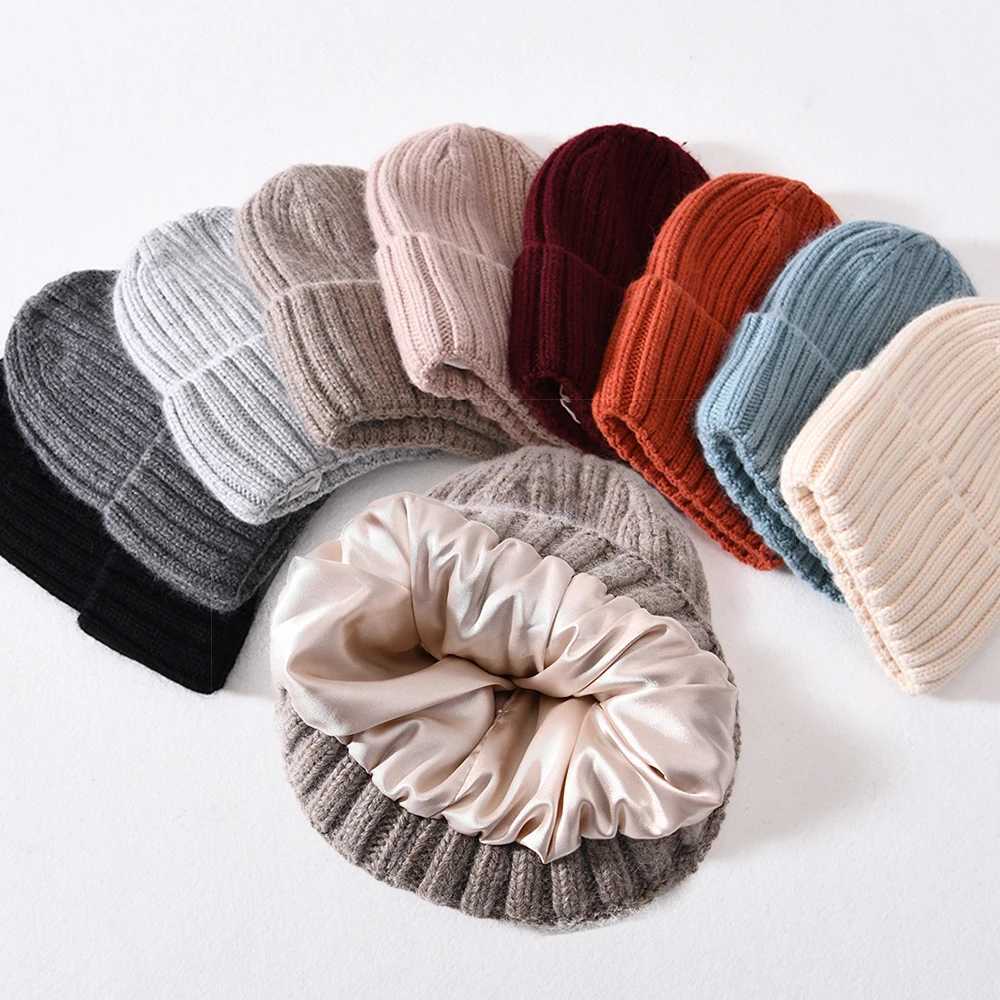 Winter Silk Satin Li Beanie Hats Wen Men Unisex Thick Chunky Striped Warm Soft High Quality Cashmere Knitted Beanie HatW251023