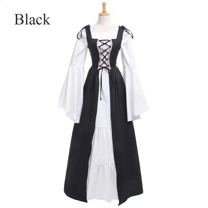 Retro Tie Waist Square Collar Middle Ages Renaissance Dress Full Sleeve round Neck Long Ankle Length Polyester Fiber 251022