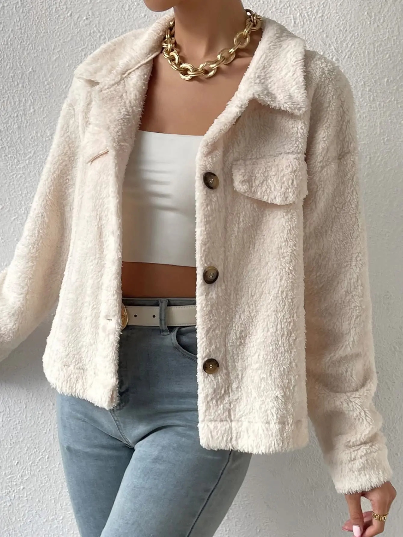 Womens FallWinter Flap Detail Low Shoulder Teddy Jacket 251018