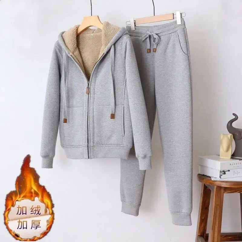 Womens Autumn Winter Plush Thickened Warm Tracksuits Casual Solid Zipper Long Sleeve Hooded Coat And Sweatpants Two Piece Sets 251022