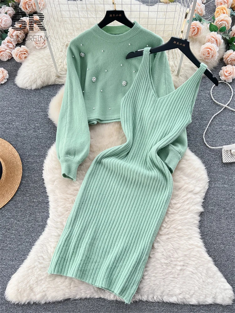 SINGREINY Beading Casual Two Piece Set Women Long Sleeve O Neck Pullover Midi Dress Fashion Winter Sweater Suit Dresses 251022