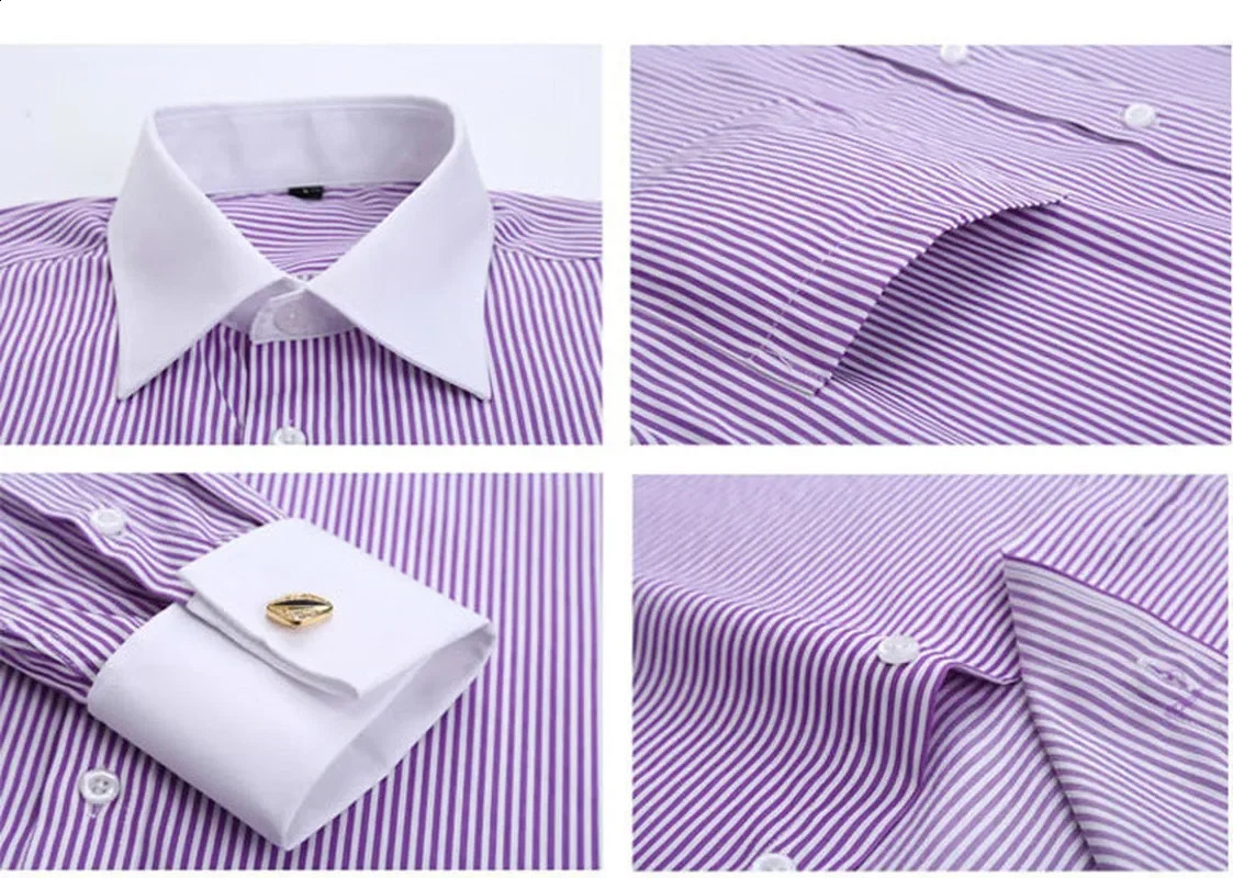 Quality Gentle Formal Mens French Cuff Dress Shirt Men Long Sleeve Solid Striped Style Mens Shirts Cufflink Include Plus Size 251021