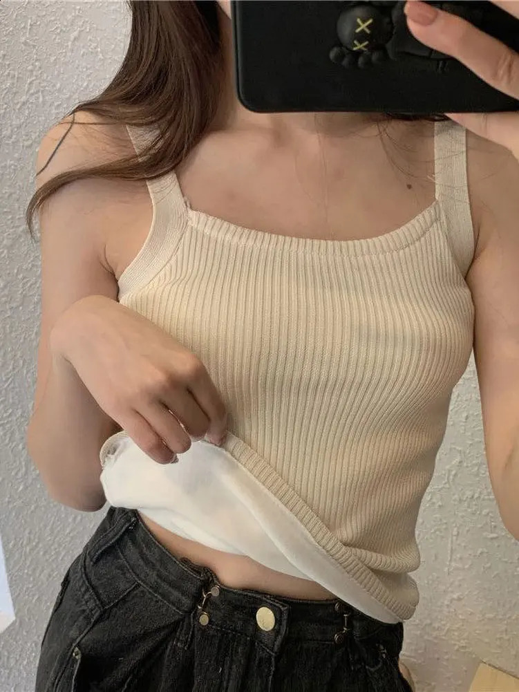 Autumn Winter Fleece Knit Tank Tops Women Thin Strap Sleeveless TShirt Female Backless Basic Tops Camis Lady Casual Solid color 251023