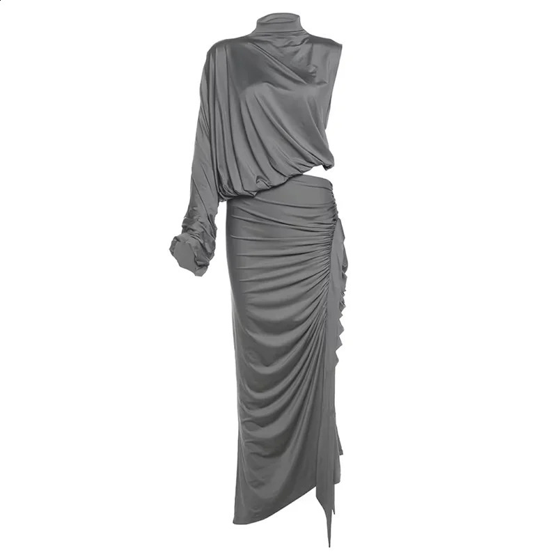 kliou Unique Irregular Women 2 Piece Set Solid Swinging Pleated Single Full Sleeve Turtleneck TopsMatching Split Maxi Skirts 251022