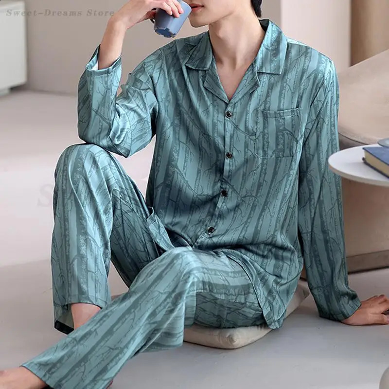 Mens Plus Size Pajamas Set Loungewear Spring Autumn Ice Silk Long Sleeved Trouser Pijama Mujer Male Casual Sleepwear Home Wear 251021