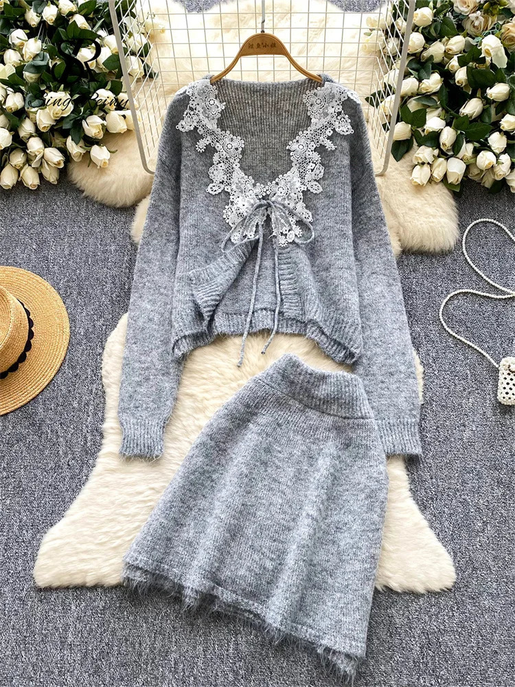 SINGREINY Autumn Cashmere Two Piece Suits Lace Splice V Neck CardiganMini Bodycon Skirt Women Fashion Thick Wool Sweater Sets 251022