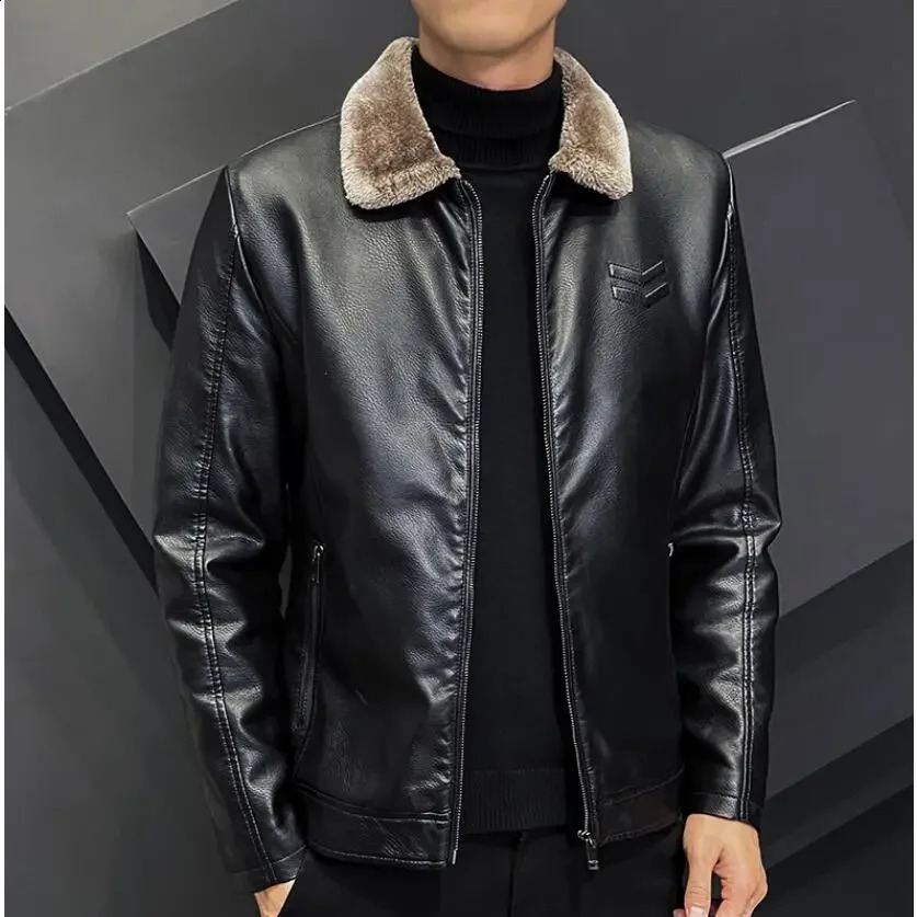 Winter Fashion Warmth Thickened Leather Jacket Lapel Solid Zipper n Plus Size Mens Bomber Fleece Coat 251023
